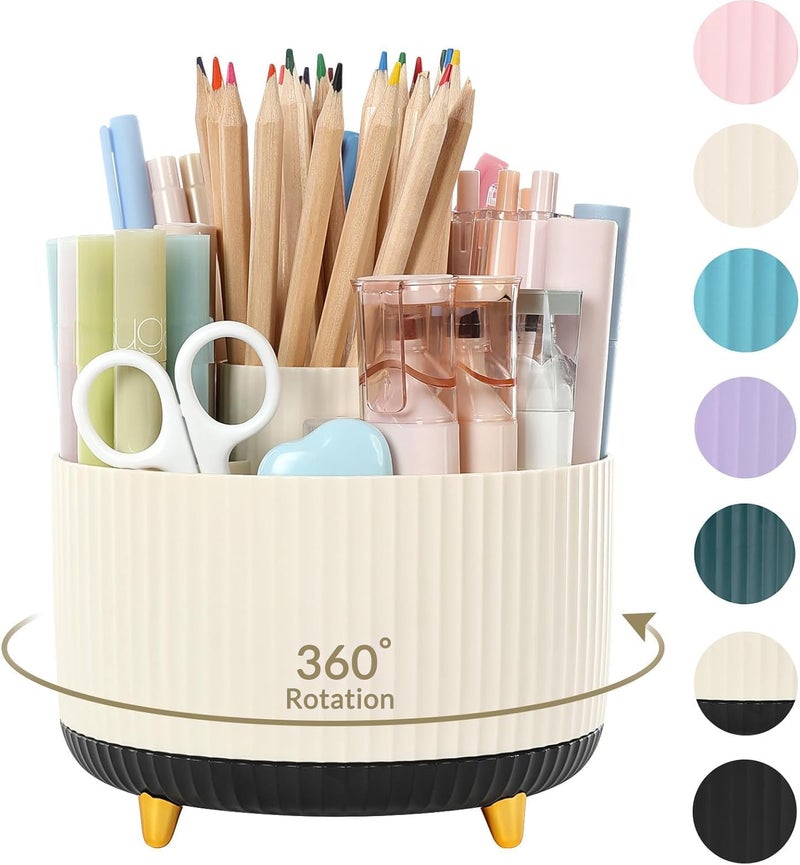 SKYDUE 360 Rotating Organizer, Dual-Purpose Pencil Pen Holder, 5-Slot Rotating Pencil Cup for Office, School, Home (Beige-Black) - Image 1