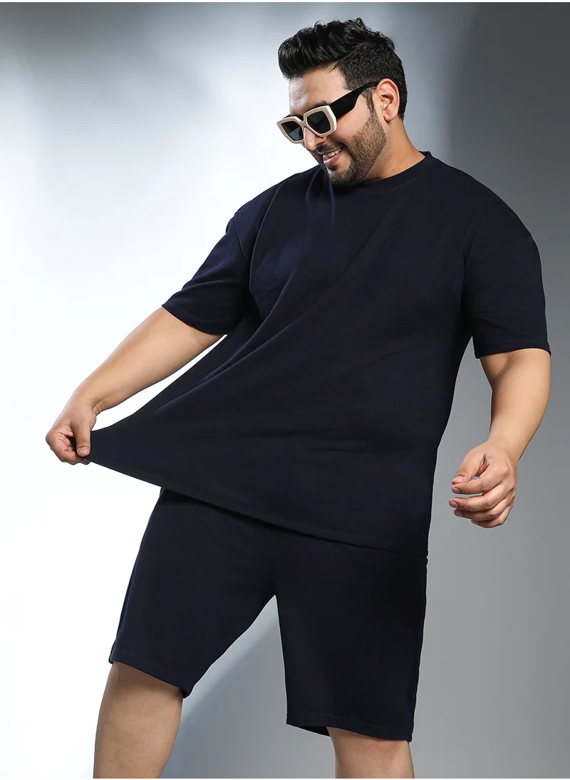 Instafab Plus Instafab Plus Men's Onyx Black Oversized Co-Ord Set For Casual Wear | Crew Neck | Short Regular Sleeves | Pull On Closure | Plus Size Co-Ords Crafted With Comfort Fit For Everyday Wear