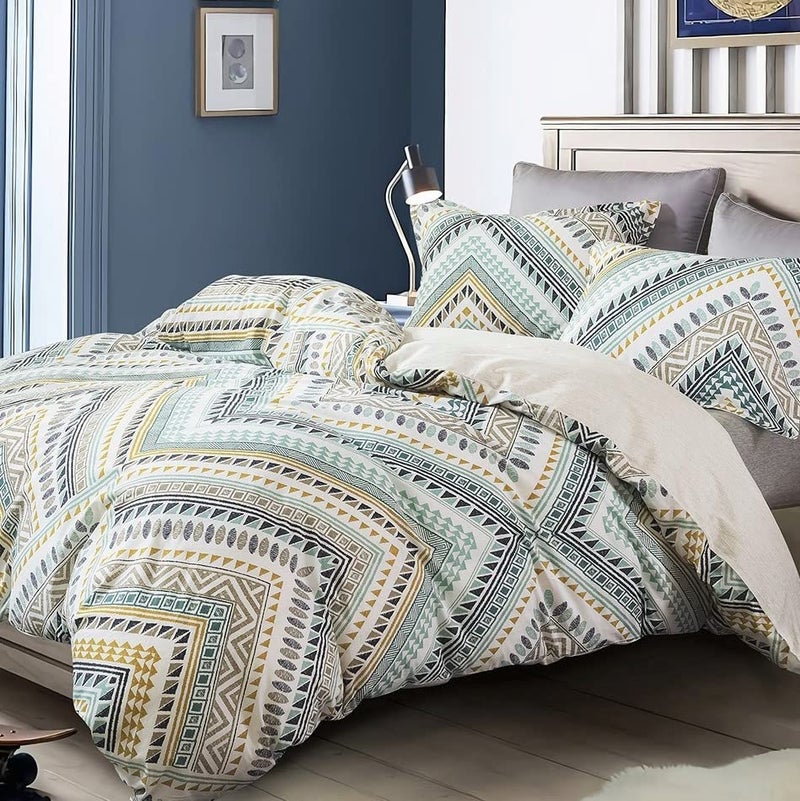 SLEEPBELLA Comforter Queen Size 600 Thread Count Golden Yellow  Dark Blue Bohemian Pattern Printed on White Reversible Comforter SetsDown Alternative Bedding Set 3Pcs Queen Teal Geometric