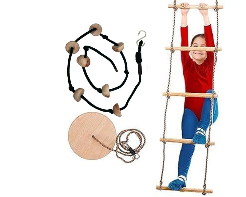 VIXERA Kids Gym Play Combo Set Gymnastics Kit Include Swing, Climbing Ladder, Wood, Rope Disc Swing+Trapeze Bar with Rings, Ninja Warrior Obstacle Course for Kids Physical Exercise Tools, Monkey Bars - Image 1