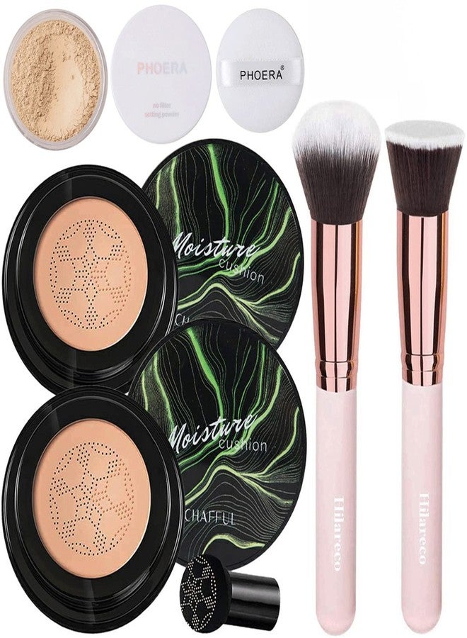 Hilareco Mushroom Head Air Cushion CC Cream Natural Foundation,Phoera Powder, Bright Makeup Base Long Lasting with Makeup Sponge and Flat Top Kabuki Foundation Brush (#04 Buff Beige) - Image 1
