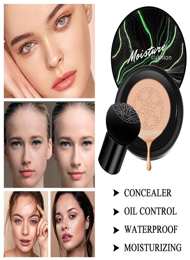 Hilareco Mushroom Head Air Cushion CC Cream Natural Foundation,Phoera Powder, Bright Makeup Base Long Lasting with Makeup Sponge and Flat Top Kabuki Foundation Brush (#04 Buff Beige) - Image 2