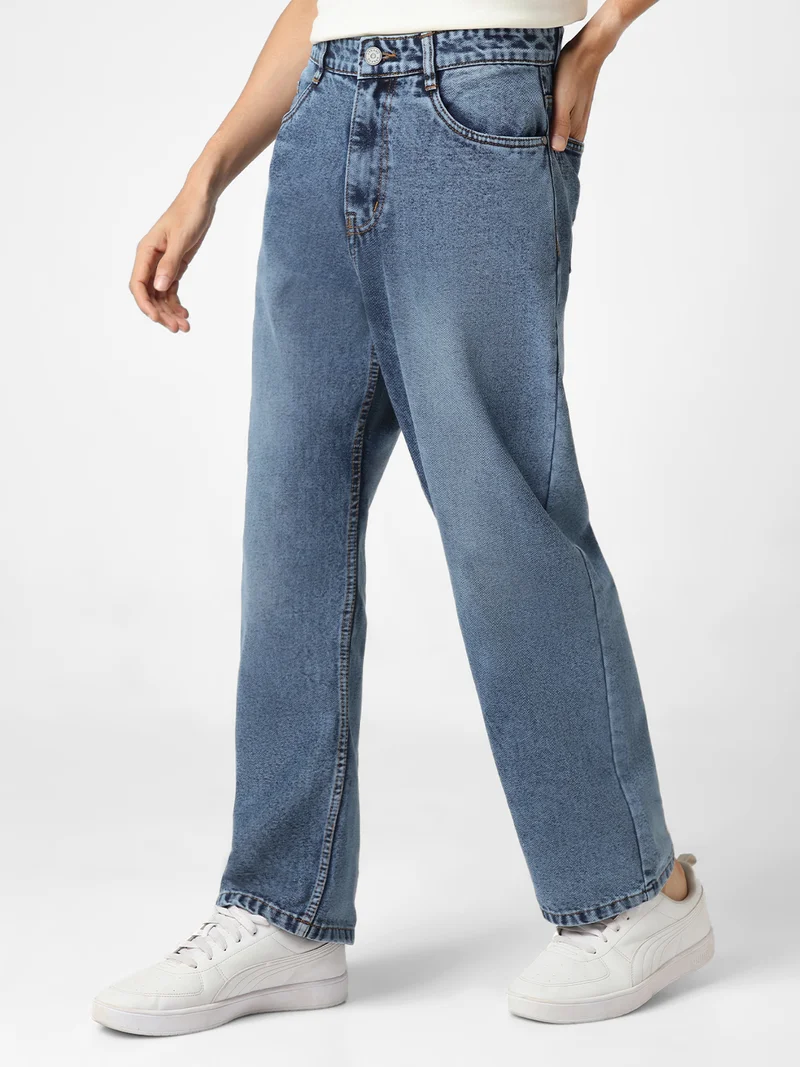 Urbano Fashion Men's Blue Loose Baggy Fit Washed Jeans Non-Stretchable