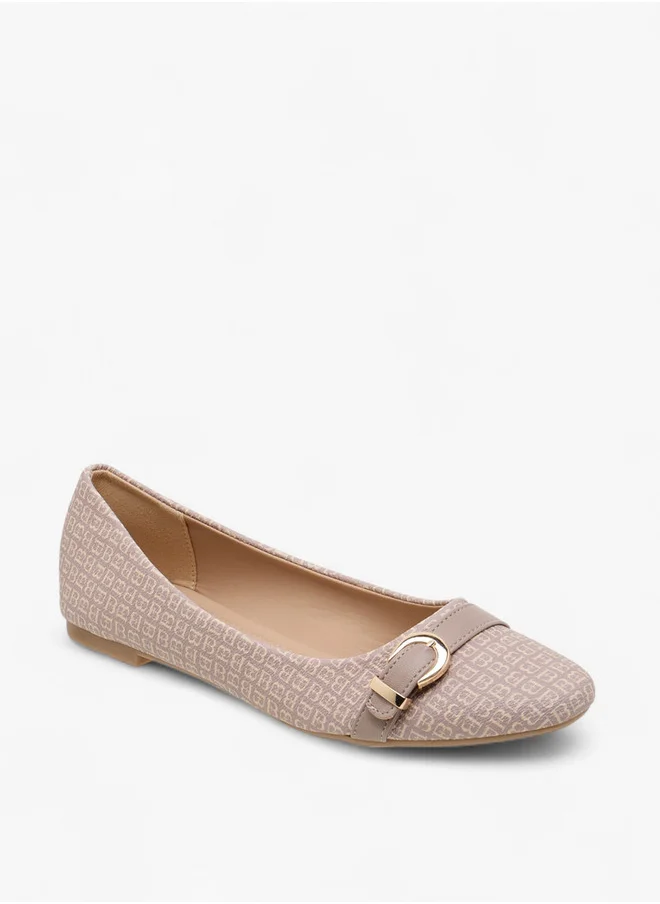 Flora Bella By Shoexpress Women's Monogram Print Ballerina Shoes with Buckle Detail