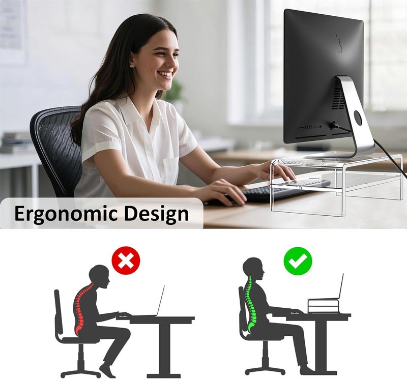 Egchi Clear Acrylic Monitor Stand Riser 2 Tier, 5.12 Inches High Clear Computer Desk Organizer Shelf for Multi Media PC Storage Laptop - Image 3