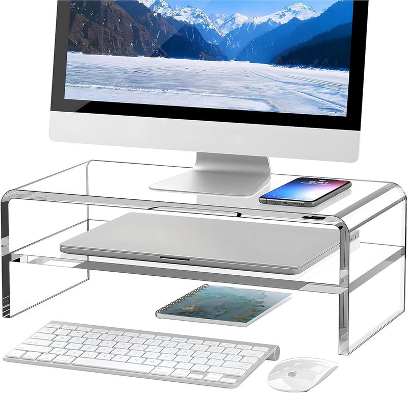 Egchi Clear Acrylic Monitor Stand Riser 2 Tier, 5.12 Inches High Clear Computer Desk Organizer Shelf for Multi Media PC Storage Laptop - Image 1