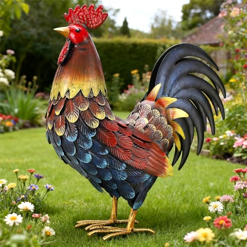 chisheen Rooster Decor Garden Statue Metal Chicken Yard Art Sculpture Outdoor Figurines - Image 1