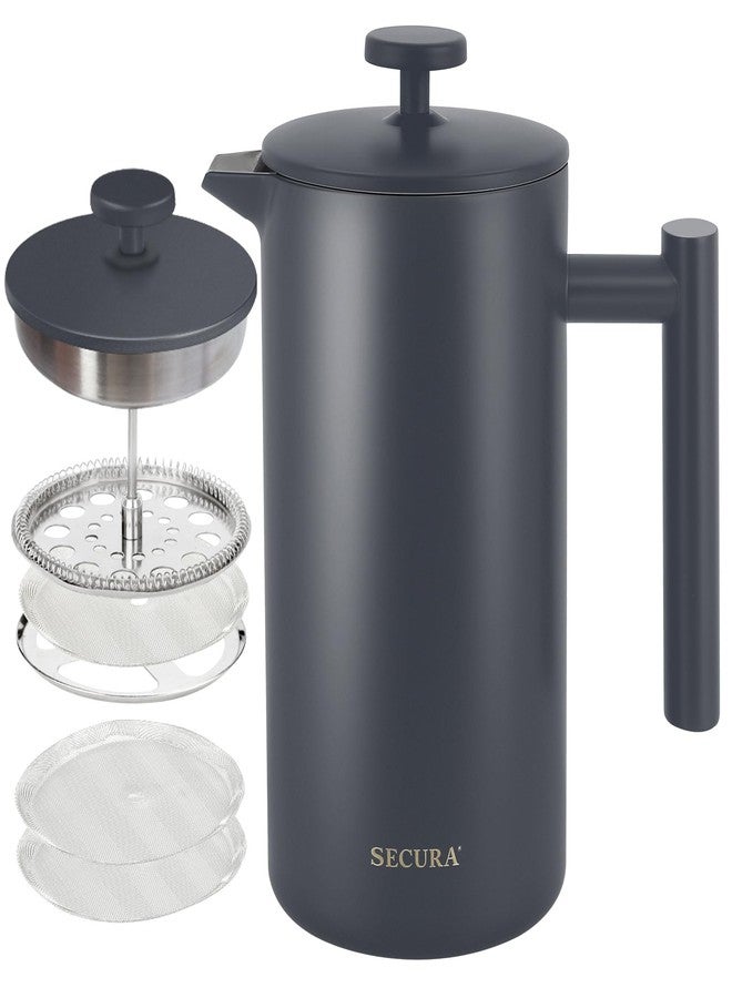 Secura French Press Coffee Maker, 304 Grade Stainless Steel Insulated Coffee Press with 2 Extra Screens, 34oz (1L), Grey - Image 1
