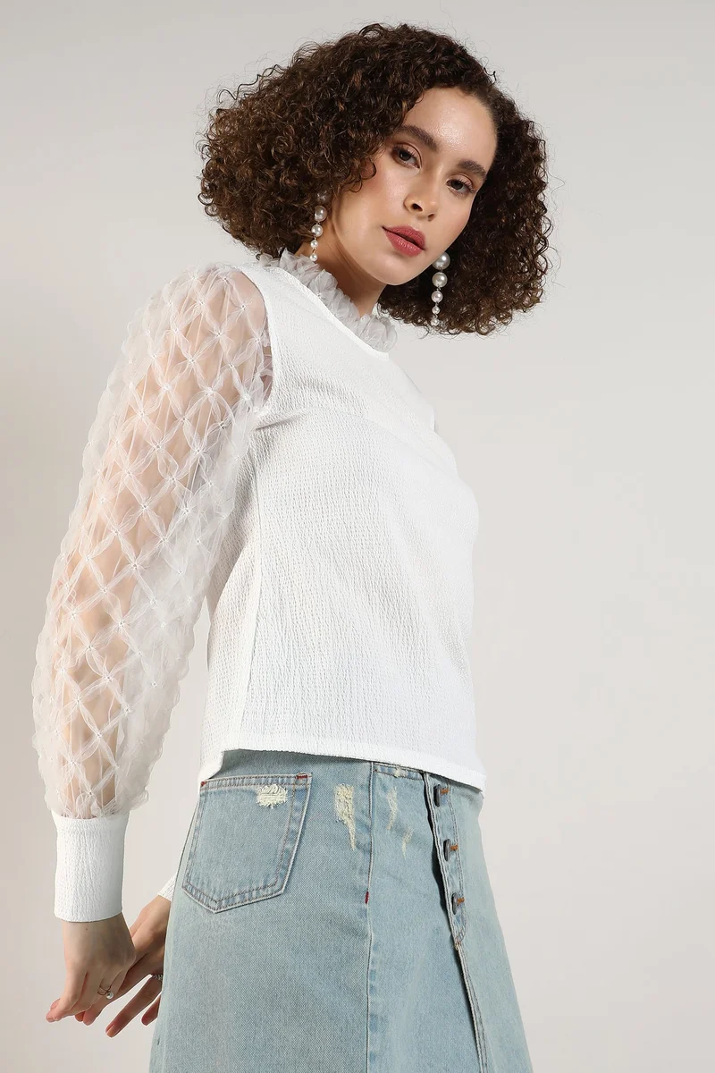 Pinacolada  Women's Powder White Sheer Block Top for Women | Best Price UAE