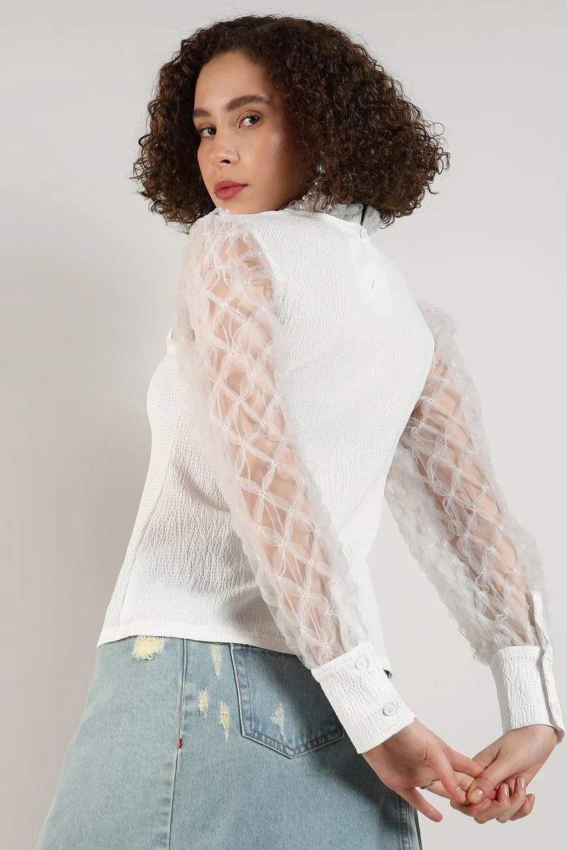 Pinacolada  Women's Powder White Sheer Block Top for Women | Best Price UAE