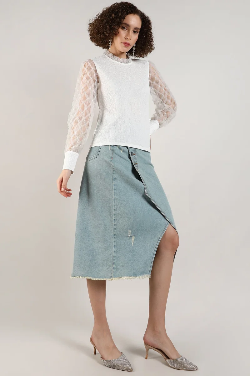 Pinacolada  Women's Powder White Sheer Block Top for Women | Best Price UAE