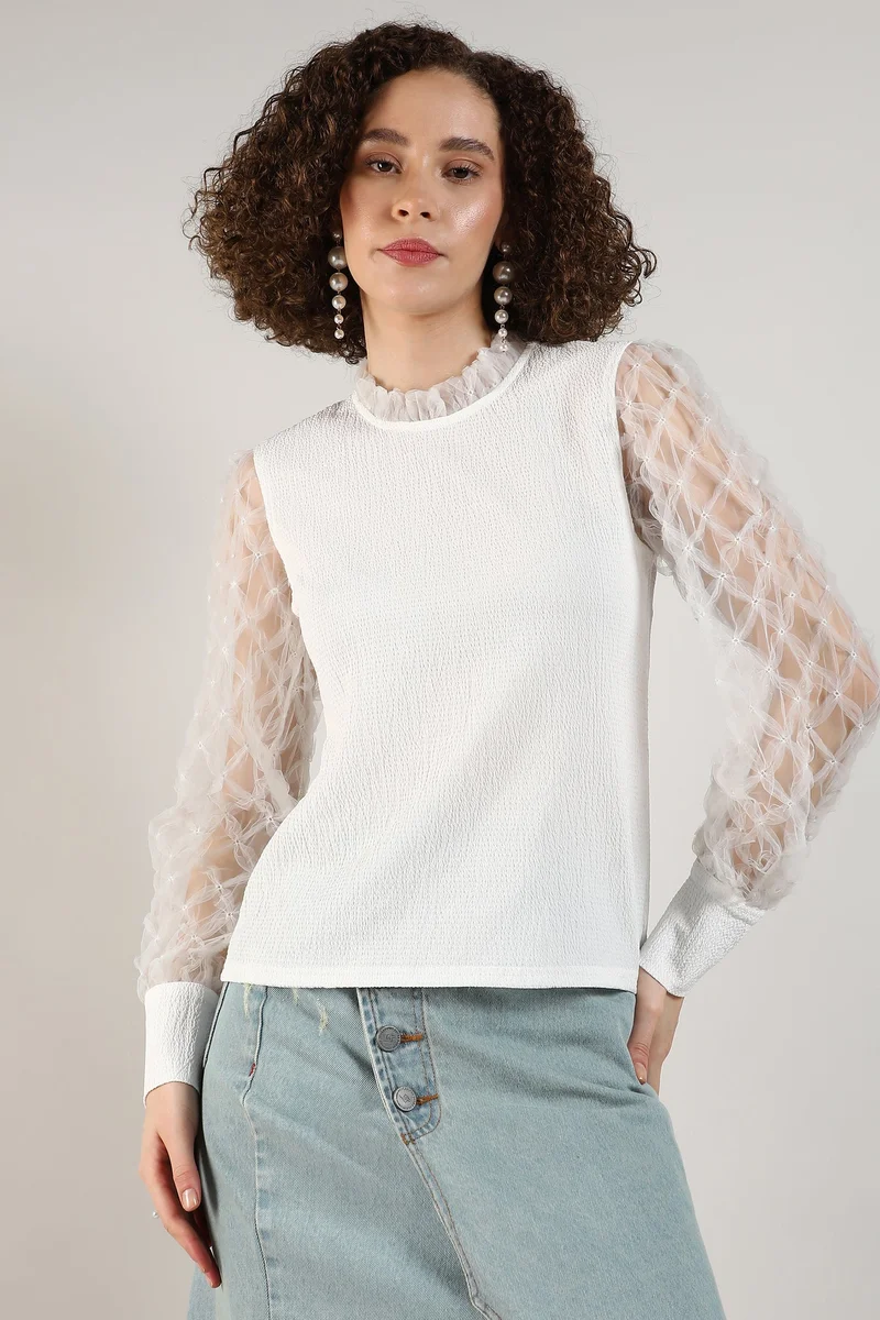 Campus Sutra Women's Powder White Sheer Block Top