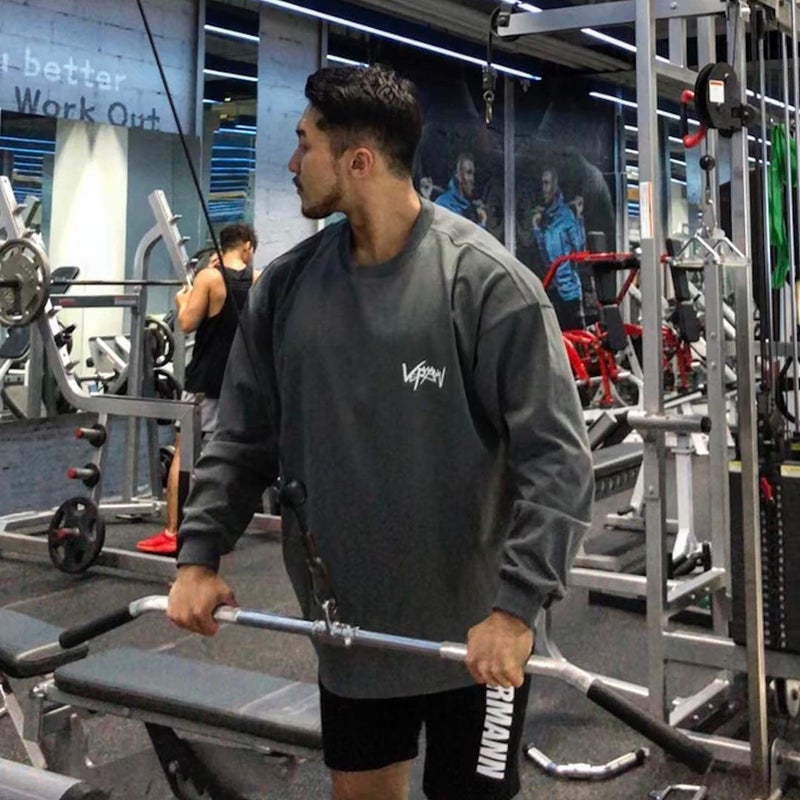 Generic Muscle fashion brand loose fitness clothes casual training sportswear long-sleeved T-shirt pullover sweater thin men Dark gray 