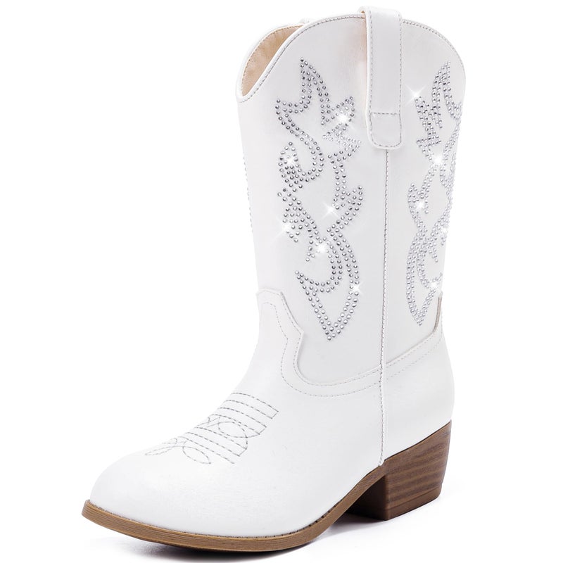 LAURMOSA Cowgirl Boots for Girls White Pointed Toe Young Child Girls Cowboy Boots Mid Calf Equestrian Boots Kids Western Boots Horse Riding Party Church for Toddler Little Big Kids(L1030RhWhite 3) - Image 1