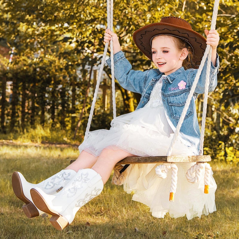 LAURMOSA Cowgirl Boots for Girls White Pointed Toe Young Child Girls Cowboy Boots Mid Calf Equestrian Boots Kids Western Boots Horse Riding Party Church for Toddler Little Big Kids(L1030RhWhite 3) - Image 3