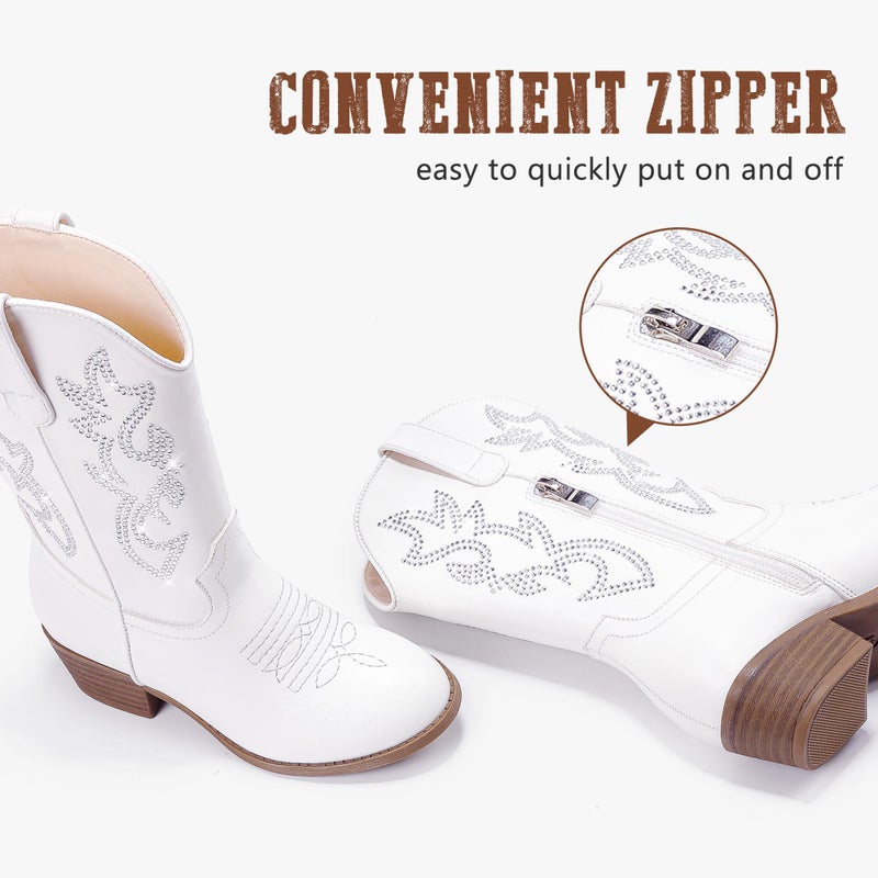 LAURMOSA Cowgirl Boots for Girls White Pointed Toe Young Child Girls Cowboy Boots Mid Calf Equestrian Boots Kids Western Boots Horse Riding Party Church for Toddler Little Big Kids(L1030RhWhite 3) - Image 5
