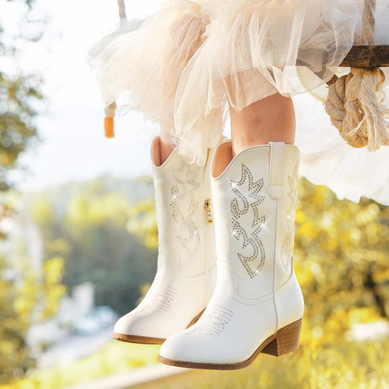 LAURMOSA Cowgirl Boots for Girls White Pointed Toe Young Child Girls Cowboy Boots Mid Calf Equestrian Boots Kids Western Boots Horse Riding Party Church for Toddler Little Big Kids(L1030RhWhite 3) - Image 2