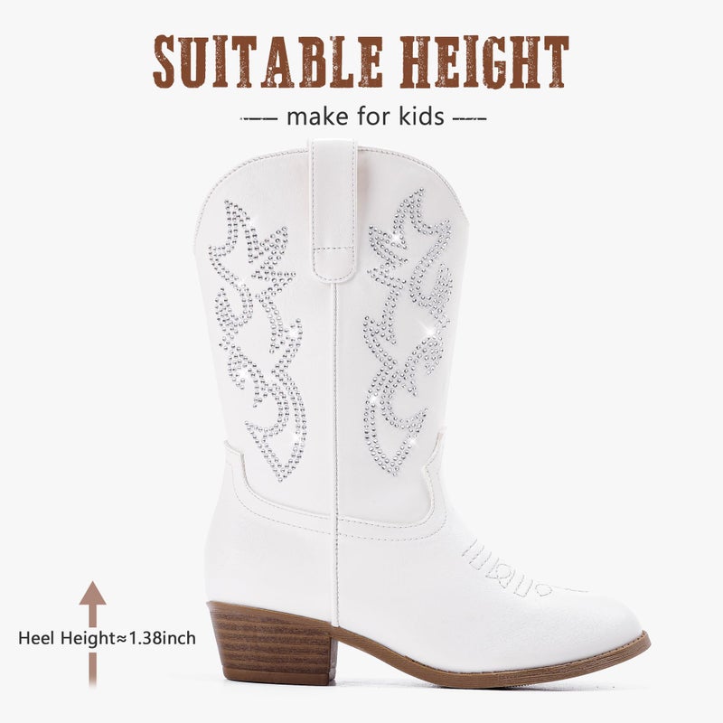 LAURMOSA Cowgirl Boots for Girls White Pointed Toe Young Child Girls Cowboy Boots Mid Calf Equestrian Boots Kids Western Boots Horse Riding Party Church for Toddler Little Big Kids(L1030RhWhite 3) - Image 4