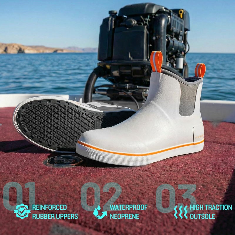 Furuian Men's Deck Boots Fishing Boots Waterproof Rain Boots Ankle Booties Slip On Neoprene Rubber Footwear Chelsea Boots Men botas para hombre for Gardening Fishing Boating Camping Sailing, Grey 14 - Image 3