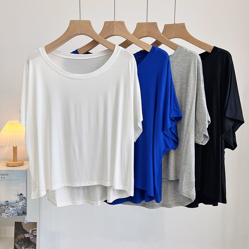 Modal Crewneck Short T-Shirt Women'S 2023 Solid Color All-Match Loose Slim-Fit Dolman Sleeve Top Trendy - Image 2