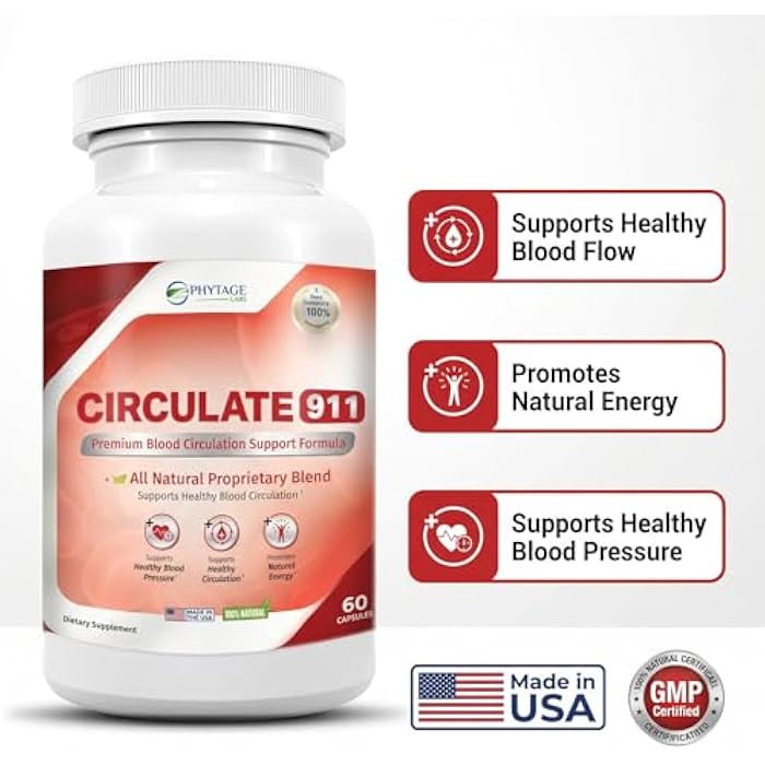 Phytage Labs Circulate 911 – Premium Blood Flow Support Supplement – Natural Antioxidant Formula with Hawthorne, Olive Leaf & Green Tea – Supports Healthy Blood Pressure & Natural Energy – 60 Capsules - Image 2