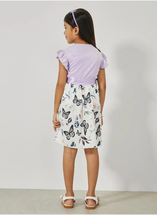 Styli Rib Knit Butterfly Print Ruffle Hem Dress
