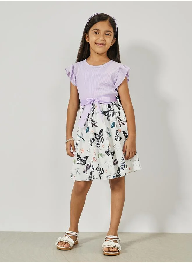 Styli Rib Knit Butterfly Print Ruffle Hem Dress