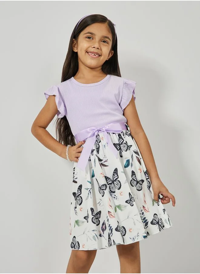 Styli Rib Knit Butterfly Print Ruffle Hem Dress