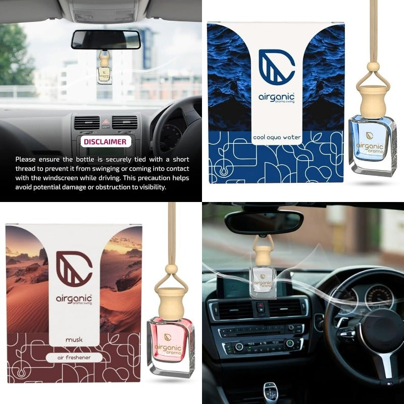Airganic Swing Prime Car Perfume Hanging Pod Musk Camphor Cool Aqua Water Pack 3 Car Air Freshener Natural Essential Fragrance Oils in Glass Bottle with Wooden Diffuser Lid Last Upto 60 Days - Image 1