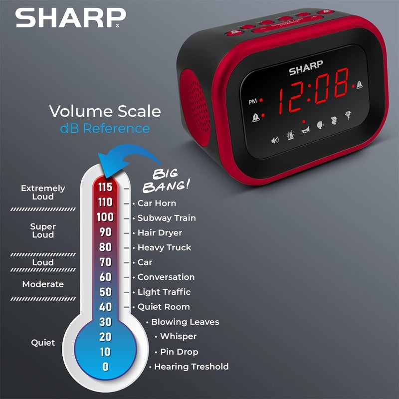 SHARP ساعة منبه كبيرة بانغ بصوت عالٍ جداً للنائمين بعمق، 6 أصوات تنبيه عالية جداً: دجاجة، بوق، أم مزعجة، مطرقة، صفارة، تنبيه عالي – حتى 115db حجم، أحمر/أسود مع شاشة LED حمراء - Image 4