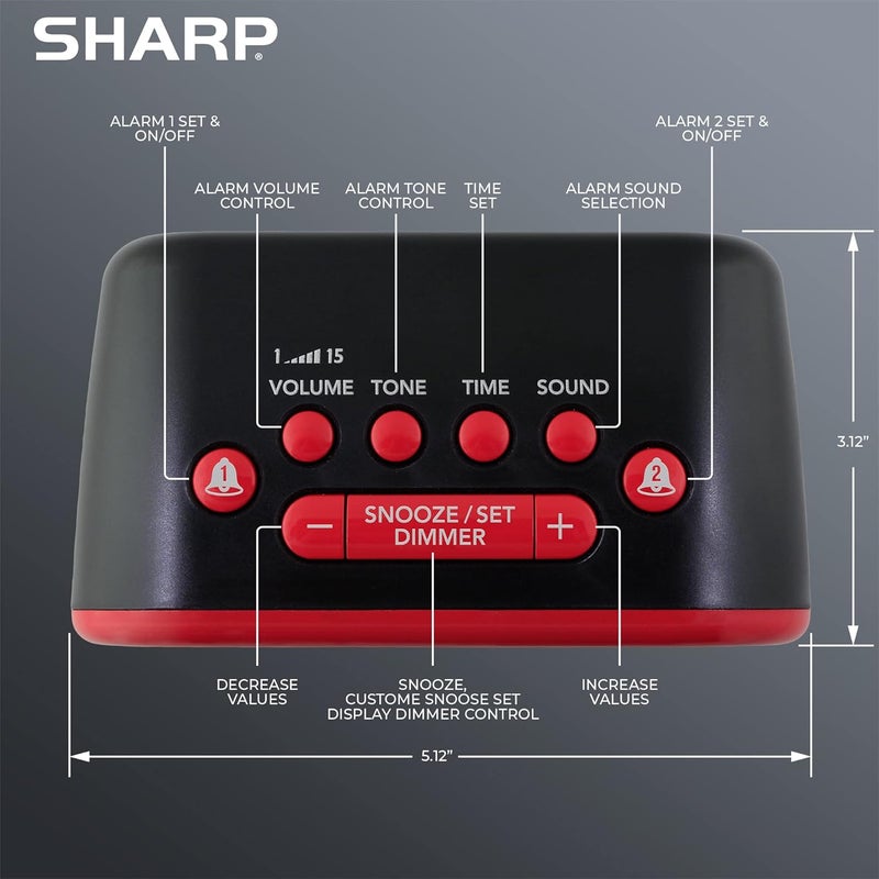 SHARP ساعة منبه كبيرة بانغ بصوت عالٍ جداً للنائمين بعمق، 6 أصوات تنبيه عالية جداً: دجاجة، بوق، أم مزعجة، مطرقة، صفارة، تنبيه عالي – حتى 115db حجم، أحمر/أسود مع شاشة LED حمراء - Image 3