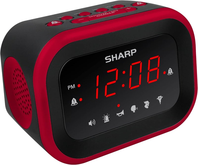 SHARP ساعة منبه كبيرة بانغ بصوت عالٍ جداً للنائمين بعمق، 6 أصوات تنبيه عالية جداً: دجاجة، بوق، أم مزعجة، مطرقة، صفارة، تنبيه عالي – حتى 115db حجم، أحمر/أسود مع شاشة LED حمراء - Image 1