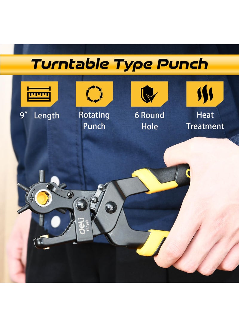Deli Deli DL1919 9 Leather Hole Punch Pliers CrV Chromeplated Revolving Punching Machine with 6 Hole Sizes for Belts Watch Bands Bags Dog Collars Fabric Craft Projects  - Image 3