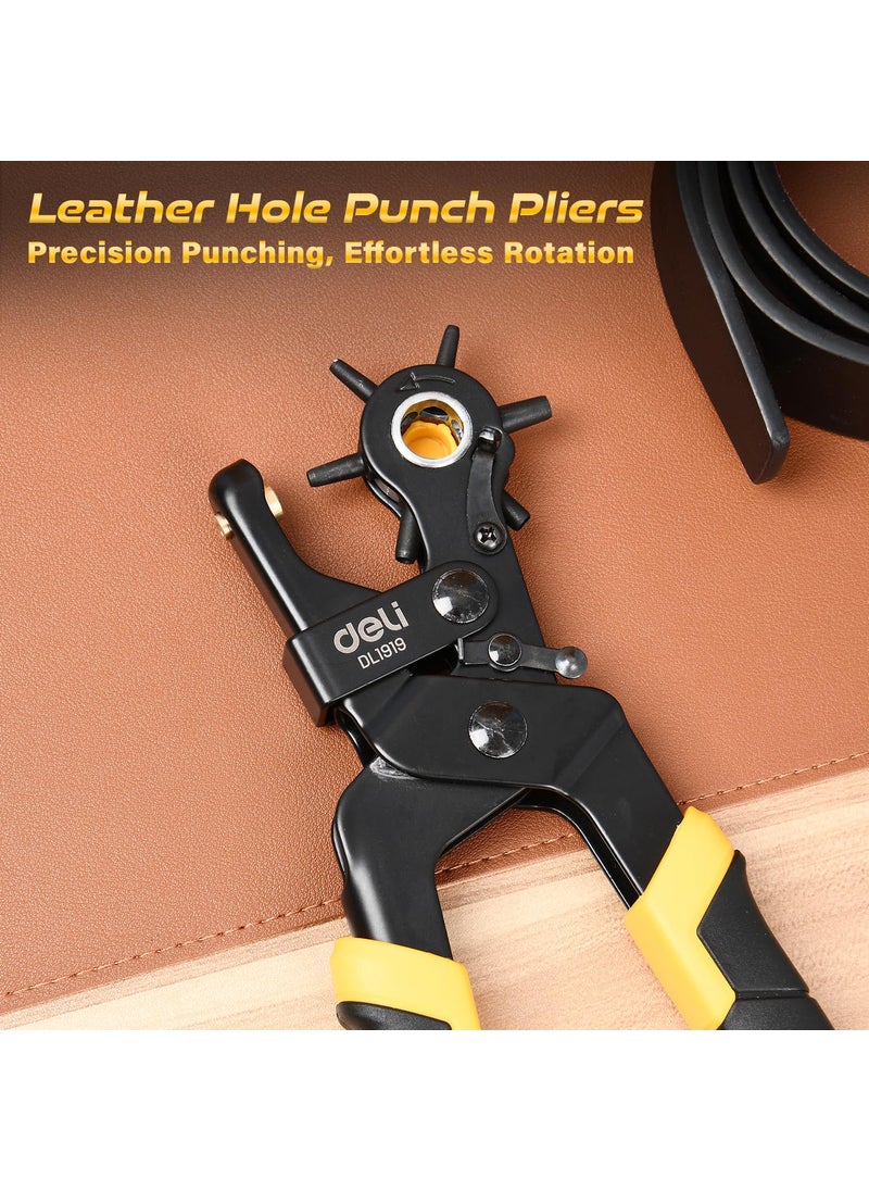 Deli Deli DL1919 9 Leather Hole Punch Pliers CrV Chromeplated Revolving Punching Machine with 6 Hole Sizes for Belts Watch Bands Bags Dog Collars Fabric Craft Projects  - Image 2