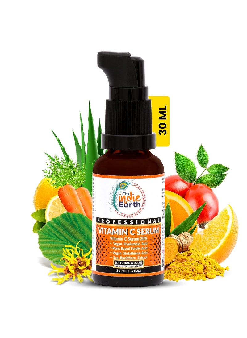 The Indie Earth 20 Vitamin C Serum  Advanced AntiAging  Brightening Formula with Glutathione Hyaluronic Acid Ferulic Acid Turmeric Rosehip and Sea Buckthorn for Enhanced Skin Tone Radiance  Youthful Glow 