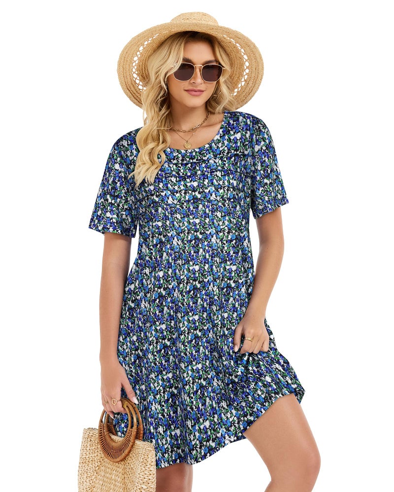 elescat Sundress for Women Casual Loose Summer Short Sleeve Pleated Front Crew Neck T Shirt Dress with Pocketsï¼ˆBlue Green Floral, L - Image 4