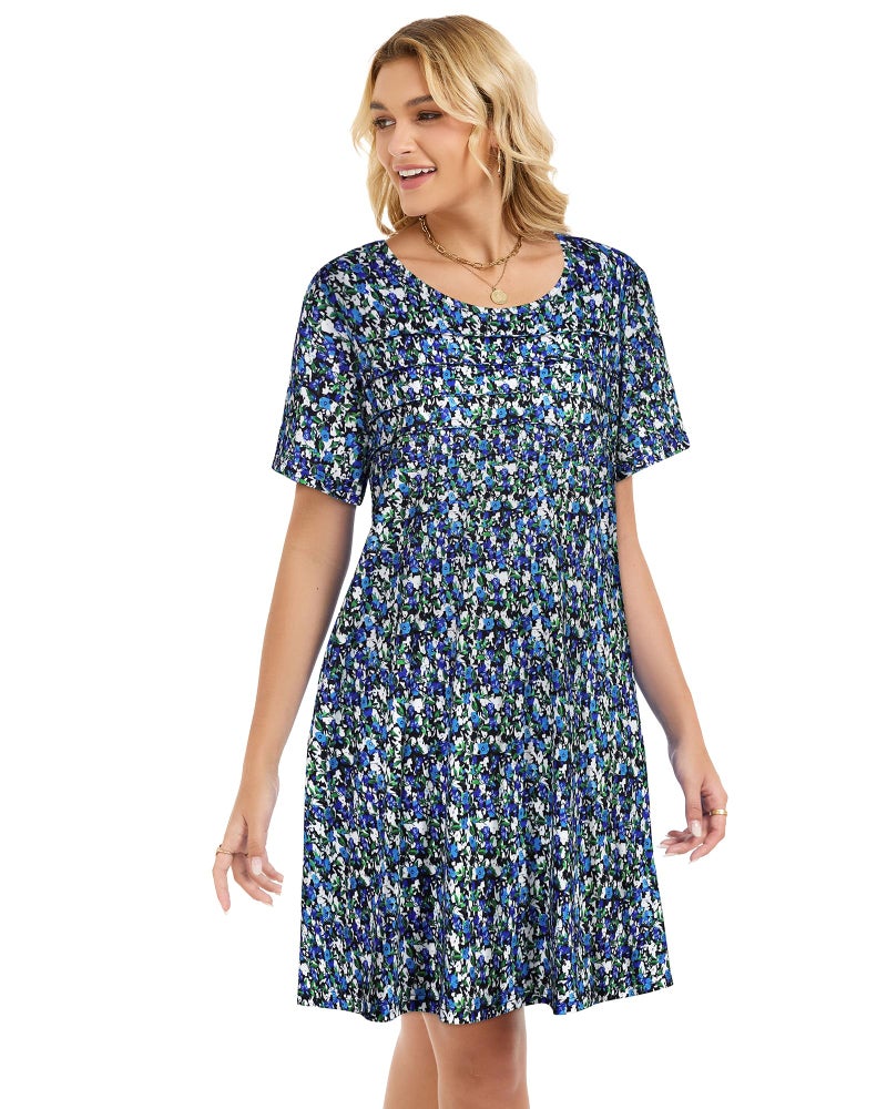 elescat Sundress for Women Casual Loose Summer Short Sleeve Pleated Front Crew Neck T Shirt Dress with Pocketsï¼ˆBlue Green Floral, L - Image 5