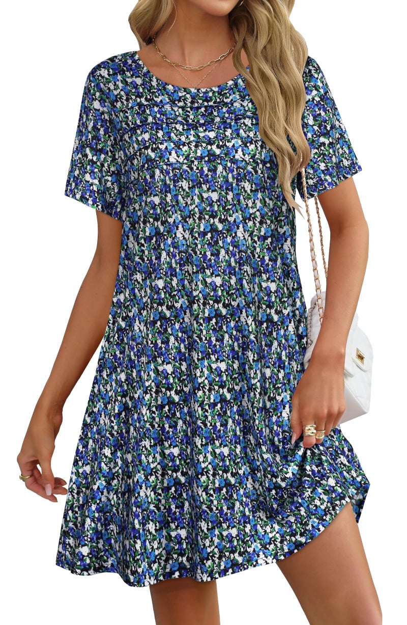 elescat Sundress for Women Casual Loose Summer Short Sleeve Pleated Front Crew Neck T Shirt Dress with Pocketsï¼ˆBlue Green Floral, L - Image 1