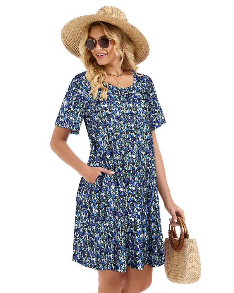 elescat Sundress for Women Casual Loose Summer Short Sleeve Pleated Front Crew Neck T Shirt Dress with Pocketsï¼ˆBlue Green Floral, L - Image 3
