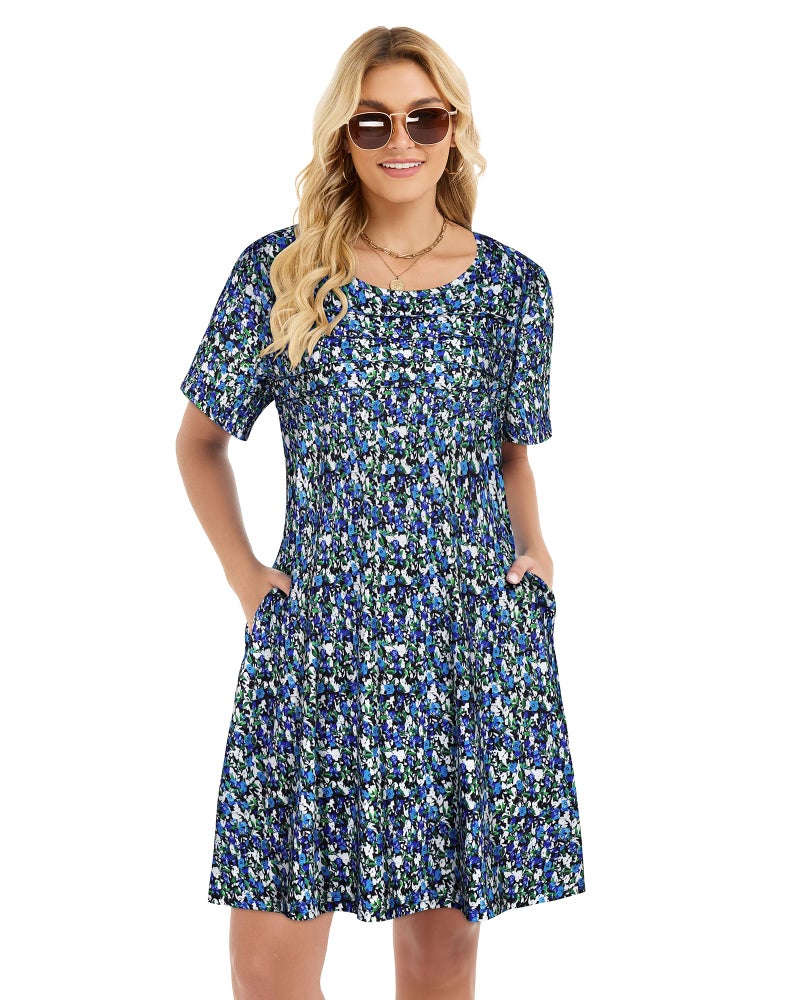 elescat Sundress for Women Casual Loose Summer Short Sleeve Pleated Front Crew Neck T Shirt Dress with Pocketsï¼ˆBlue Green Floral, L - Image 2