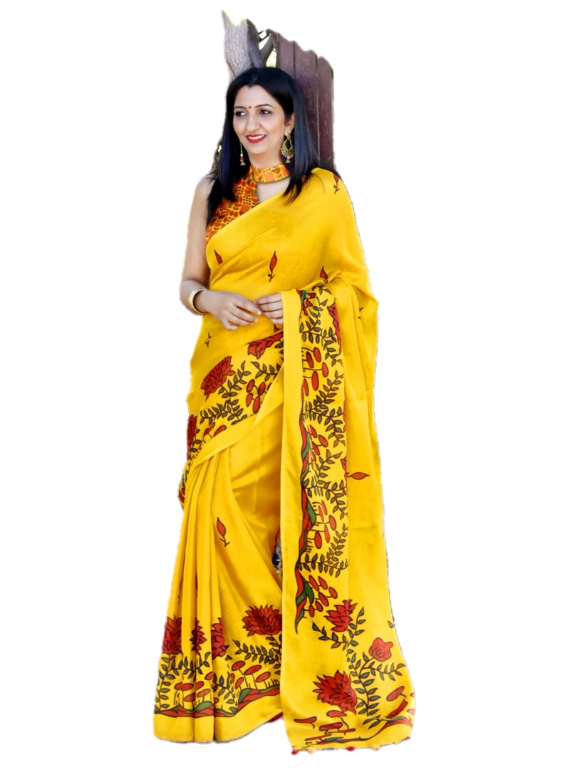 Grab Mantra Yellow Linen Saree Multicolour Print Design Plus Printed Full Stitched Medium Size Blouse  - Image 3