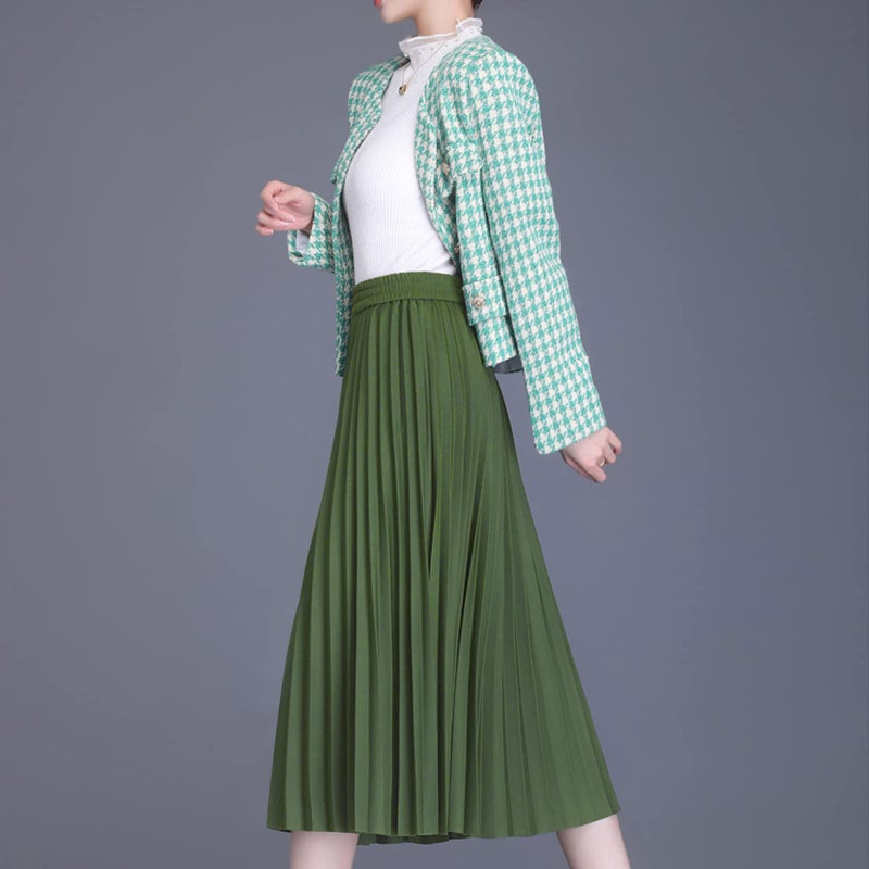 Basoteeuo Green Pleated Skirt for Women Midi Length Summer High Waisted A Line Elastic Waist Skirts S - Image 2
