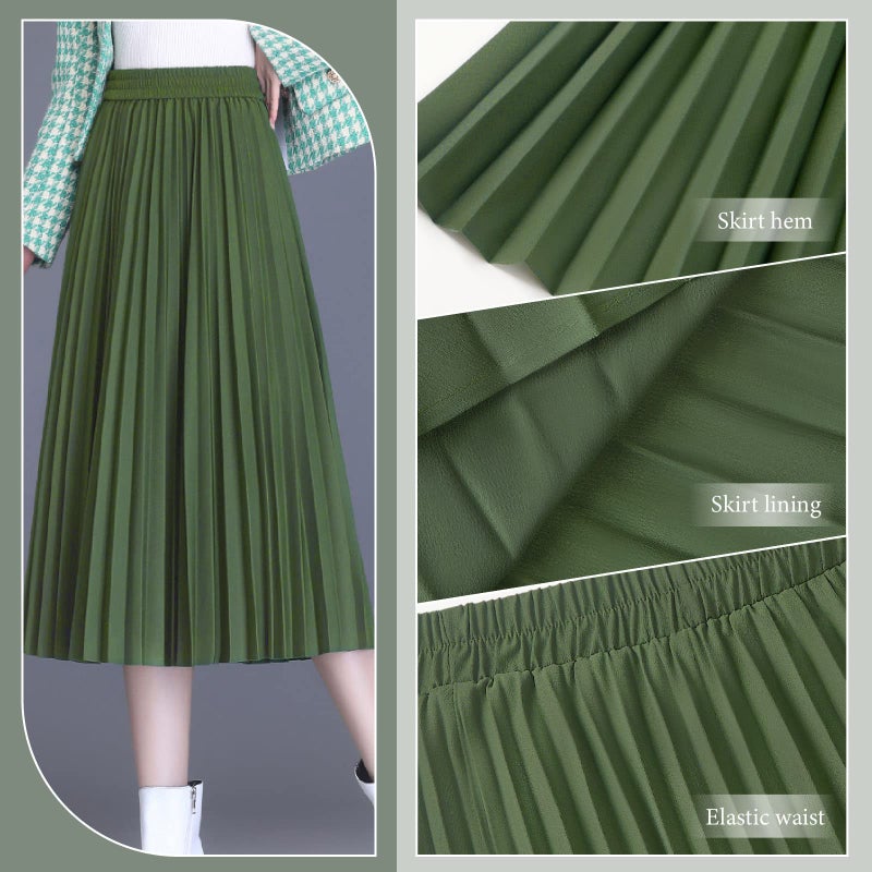 Basoteeuo Green Pleated Skirt for Women Midi Length Summer High Waisted A Line Elastic Waist Skirts S - Image 5