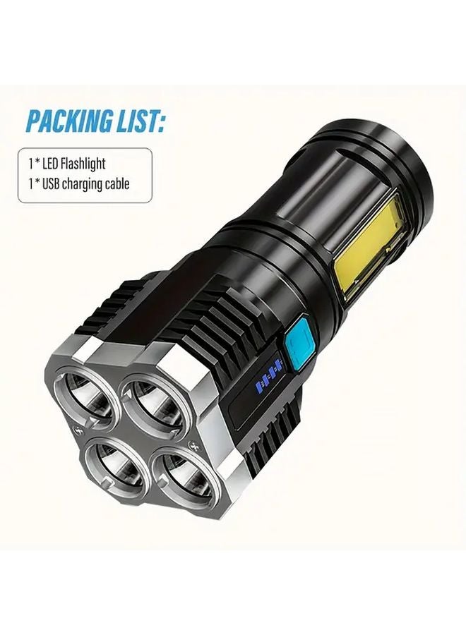 مصباح يدوي أسود محمول LED قابل لإعادة الشحن عالي السطوع 4 مصابيح LED COB إضاءة جانبية عرض طاقة للتخييم التنزه في الهواء الطلق - Image 1