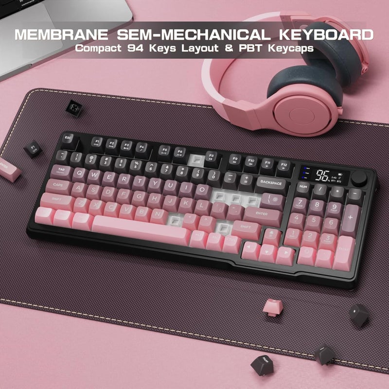 LexonElec M96 Dual Mode Wireless Gaming Keyboard with 2.4G and BT5.0, 94 Keys Membrane Semi-mechanical Gradient PBT Keycap with Smart Display and Button, Rainbow Backlit, 3000mAh for Mac/Win - Blackberry - Image 5