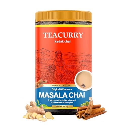 TEACURRY Masala Chai (100 Grams, 50 Cups) - Masala Assam Tea for Digestion - 100% Natural Spiced Black Tea with Real Elachi, Ginger, Cinnamon, Bay leaves, Pepper, Turmeric & More | Masala Tea Chai - Image 1