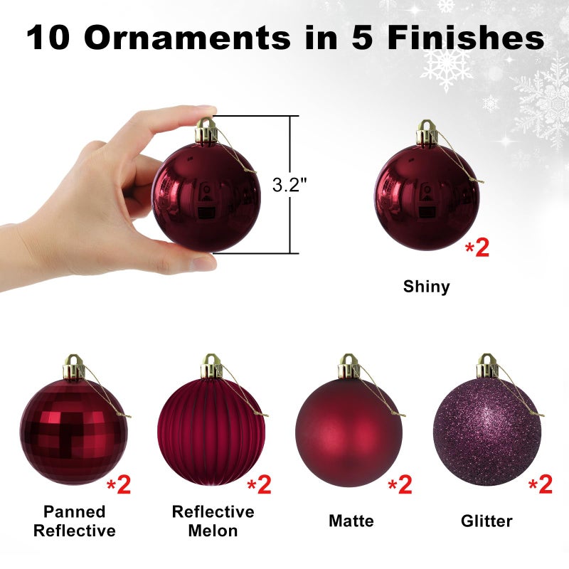 GameXcel Maroon 3.2"" Large Christmas Balls - Christmas Tree Decoration Ornaments Shatterproof Hanging Balls for Birthday Halloween Holiday Wedding Decorations Set of 10pcs - Image 2