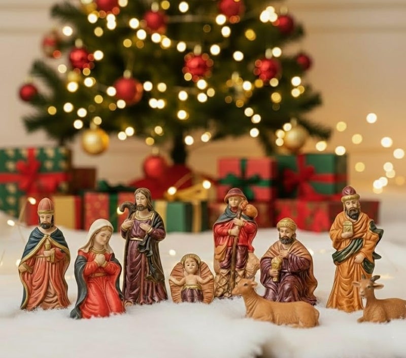 Floweraura Decorative Christmas Crib Nativity Jesus Family Set 9 Pieces Christmas Gifting for Neighbour, Employees, Friends, Colleague | Showpiece Idol for Home Decor - Image 1