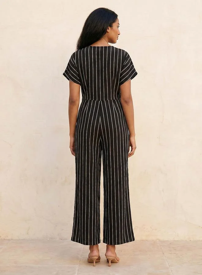 Splash FAV BLACK Youth Textured Wrap Jumpsuit with Tie-Up Belt for Women | Best Price UAE