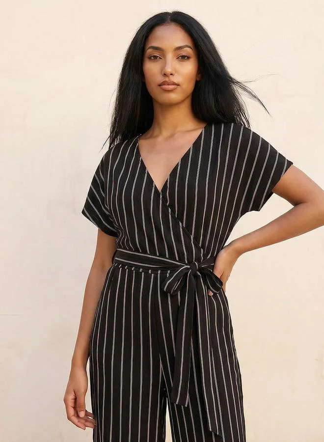 Splash FAV BLACK Youth Textured Wrap Jumpsuit with Tie-Up Belt for Women | Best Price UAE